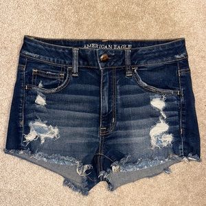 American Eagle hi-rise shortie distressed denim shorts